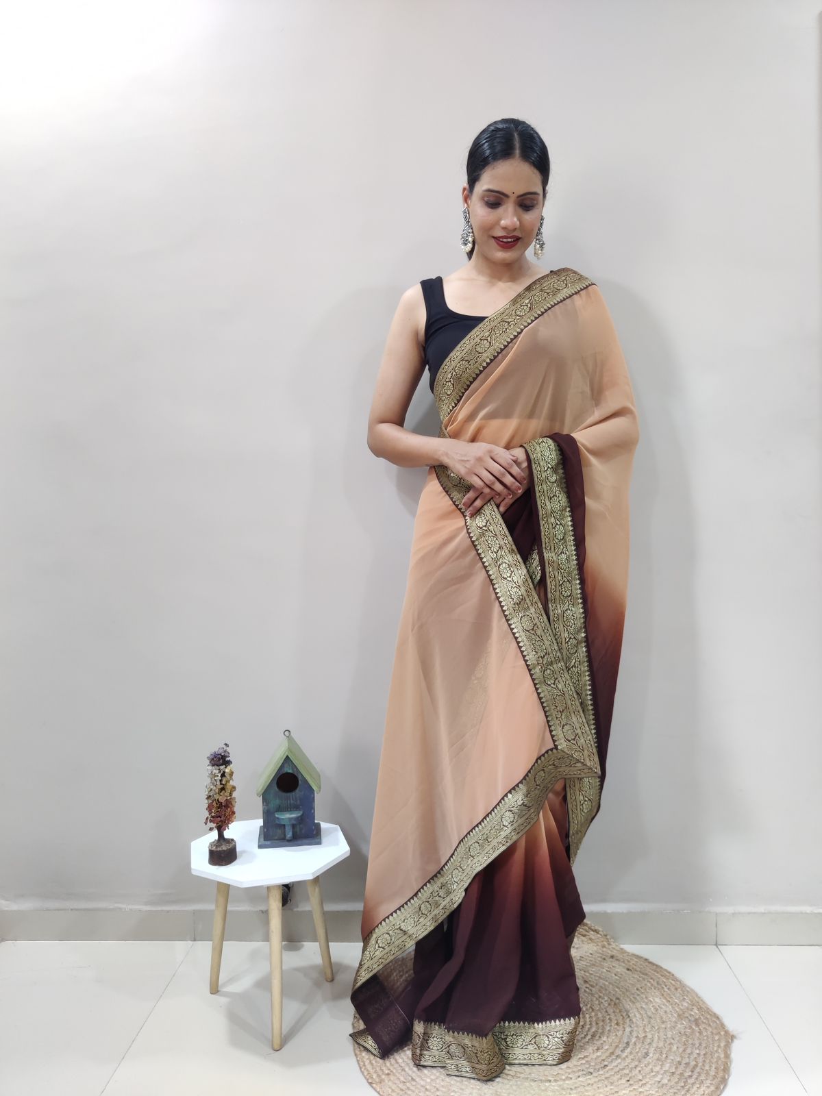 Coffee Clay Dual Color Ready to Wear Sanghosha Silk Saree With Blouse