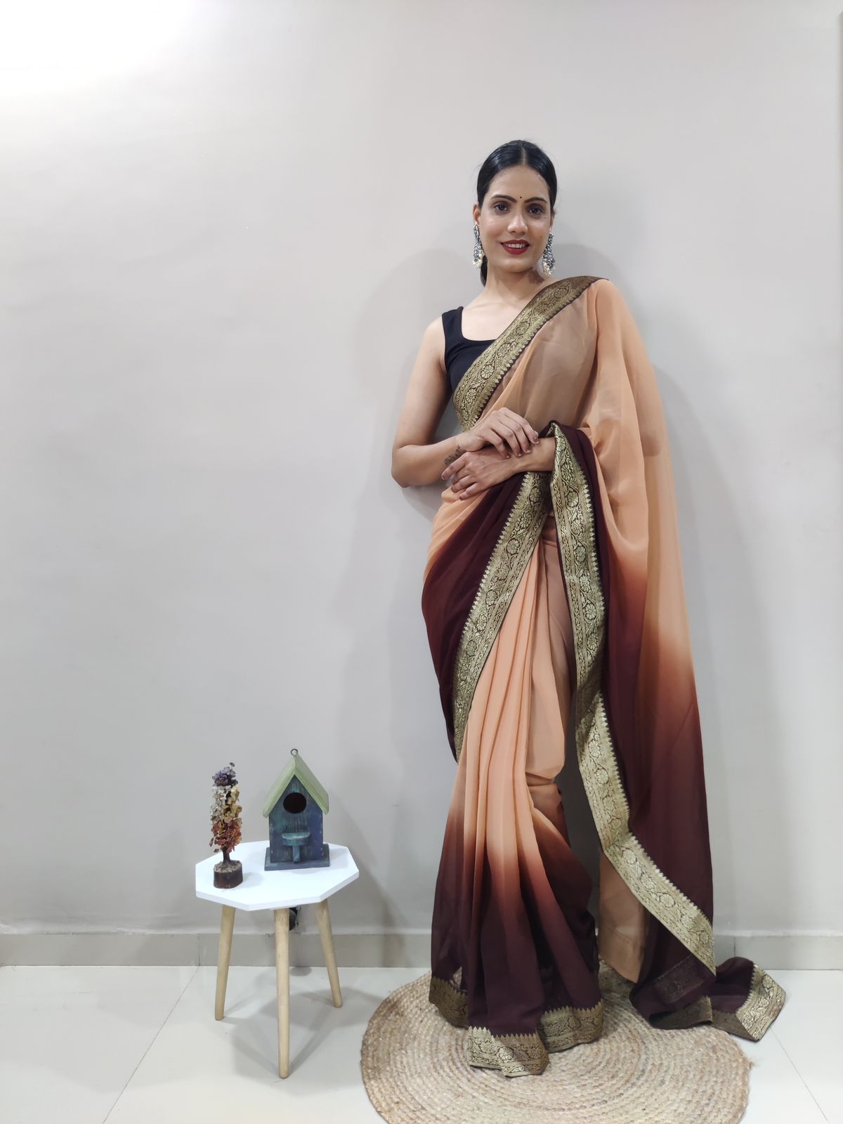 Coffee Clay Dual Color Ready to Wear Sanghosha Silk Saree With Blouse