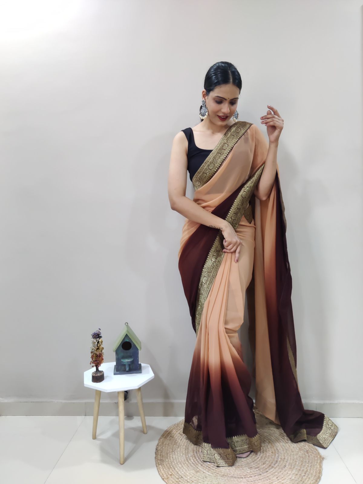 Coffee Clay Dual Color Ready to Wear Sanghosha Silk Saree With Blouse