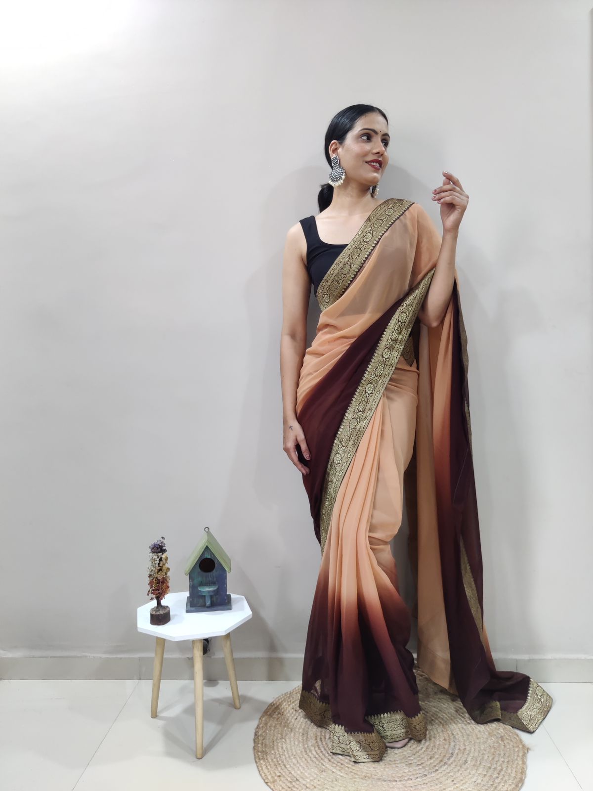 Coffee Clay Dual Color Ready to Wear Sanghosha Silk Saree With Blouse