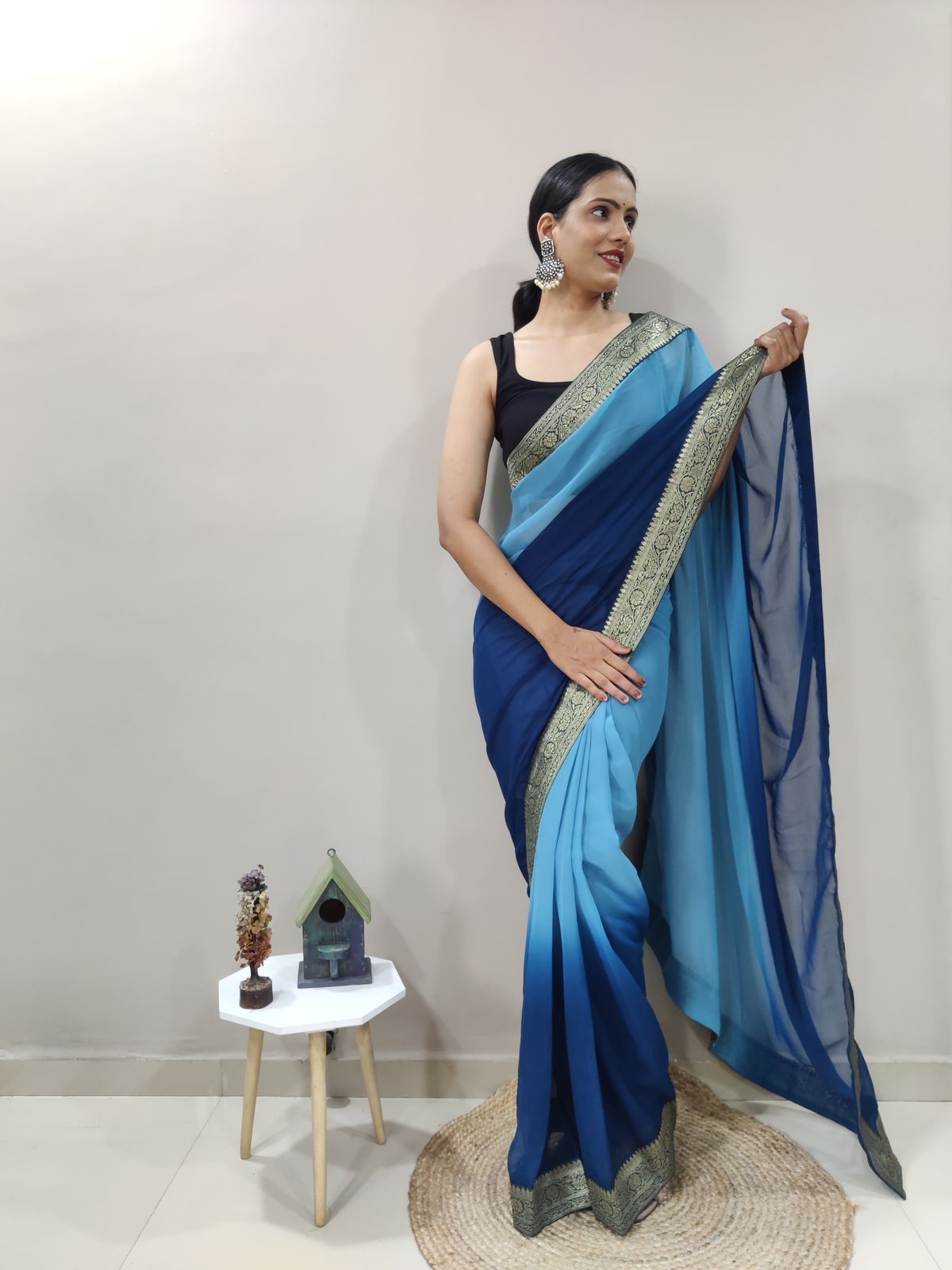 Atlantic Blue Dual Color Ready to Wear Sanghosha Silk Saree With Blouse