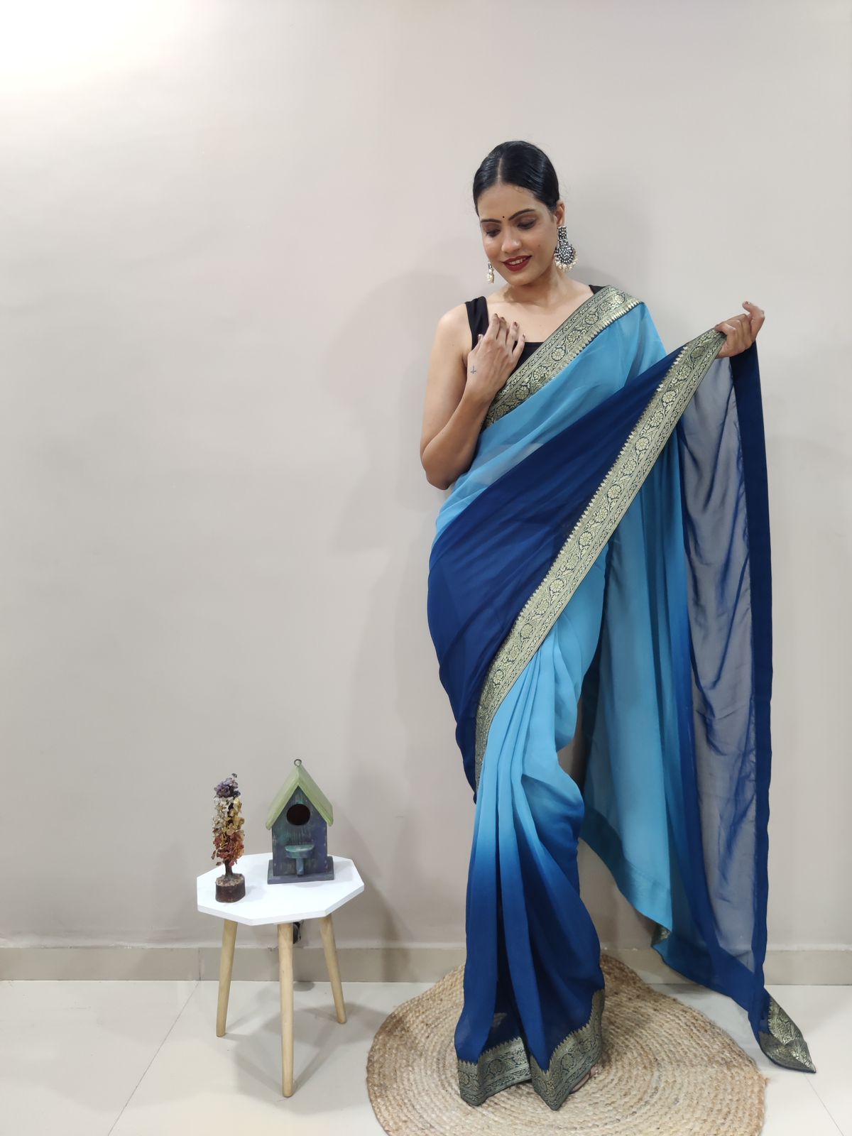 Atlantic Blue Dual Color Ready to Wear Sanghosha Silk Saree With Blouse