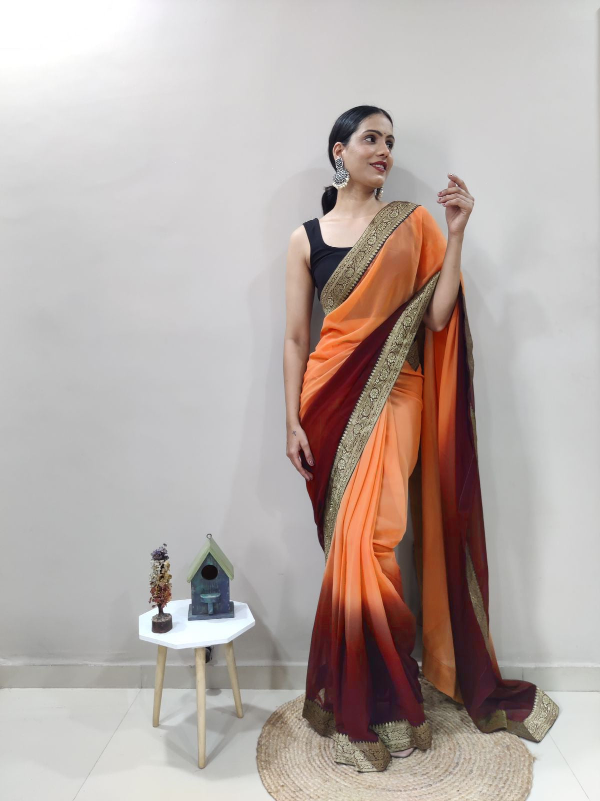 Christmas Orange Dual Color Ready to Wear Sanghosha Silk Saree With Blouse