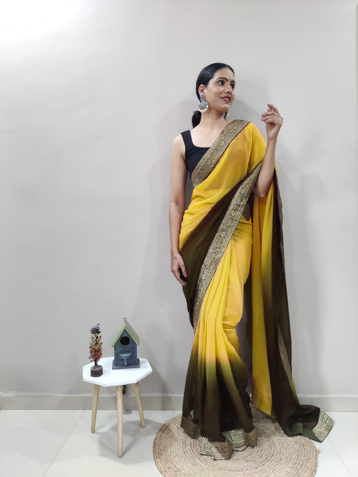 Lemon Curry Dual Color Ready to Wear Sanghosha Silk Saree With Blouse