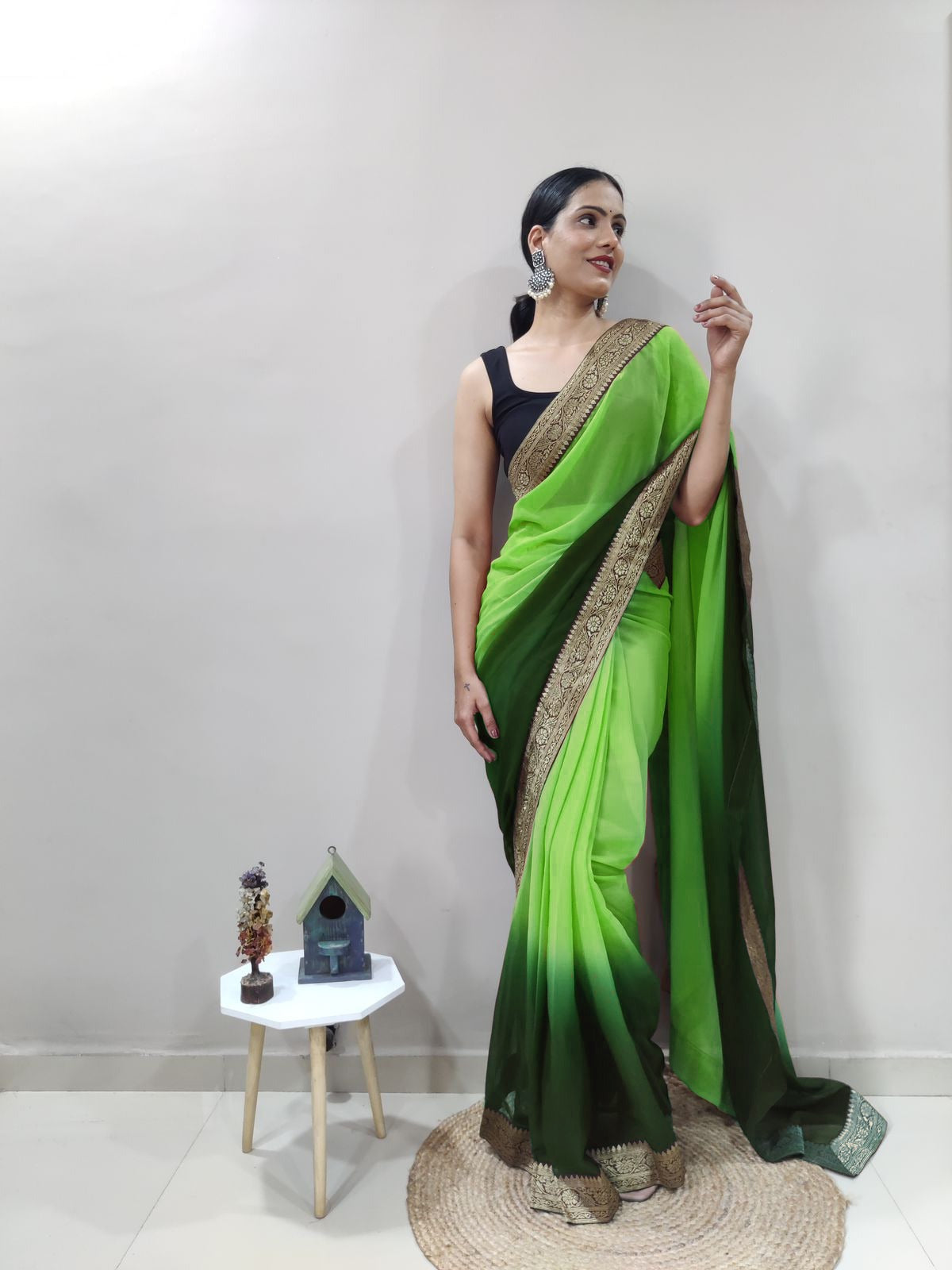Alverda Dual Color Ready to Wear Sanghosha Silk Saree With Blouse
