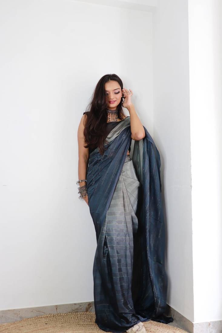 Sanghosha Grey Of Darkness Premium Georgette multicolor 1-Min Ready To Wear Saree